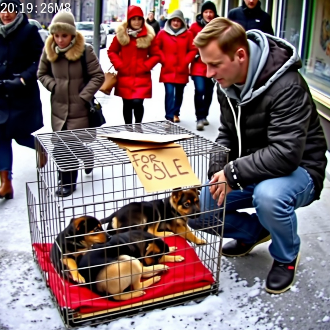 I Found a Freezing German Shepherd Locked in a Cage on Fifth Avenue — “FOR SALE,” the Sign Read, While Crowds Stepped Around Her — But When I Looked Closer at the Van That Dropped Her Off, I Realized This Wasn’t Abandonment… It Was a Business, and Someone Had to Stop It.