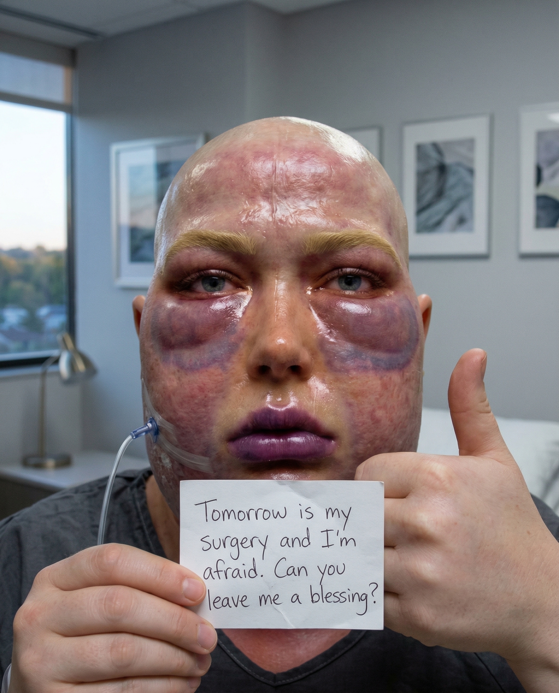 This photo… it’s raw, honest, and a little scary, I know. This is what I look like now, on the outside, after so much struggle. A little swollen, with purple marks that tell stories of intense treatments, and this tiredness that seems to have become my companion. And this thumbs-up?