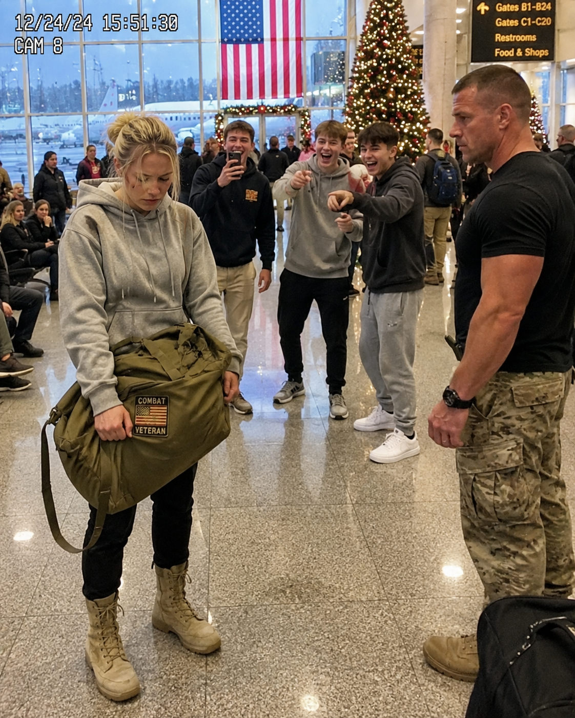 A SEAL saluted her in the airport, then whispered, “You brought my brother home.” I didn’t even know his name. But the Christmas Eve patch on my duffel bag told him everything. Now three kids who mocked her are frozen, and the whole terminal is watching. Who is she?
