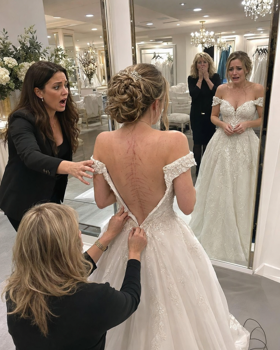 At the bridal boutique, my little sister stepped out to show me her wedding dress. But when the seamstress unzipped the back, I stopped breathing. Her entire spine was covered in dark, fresh lash marks. She grabbed my hands, crying, “”If I cancel the wedding, his father will bankrupt our parents’ company!””