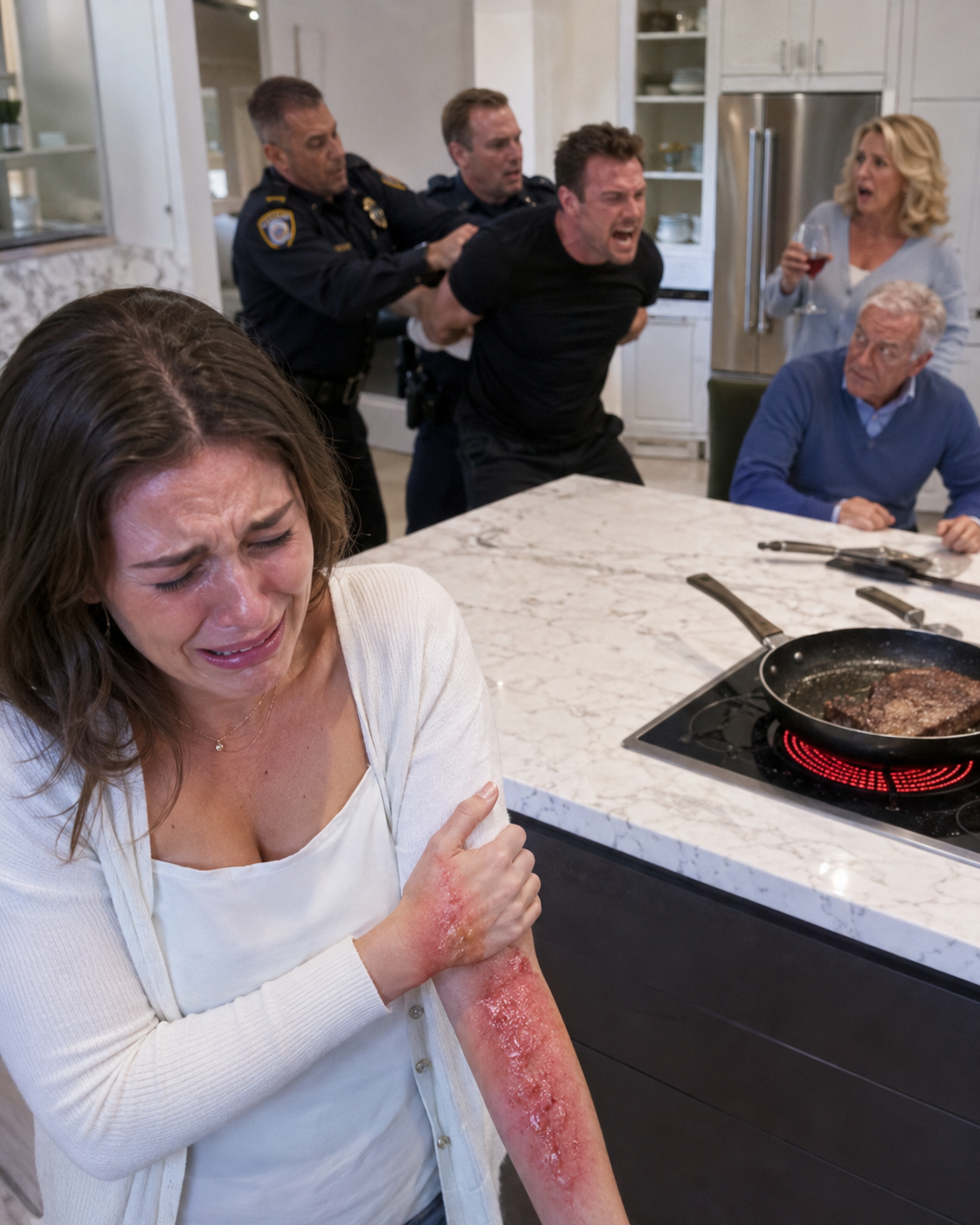 My husband violently slammed my hand onto the burning stove because his steak was overcooked, snarling that I needed a “lesson in obedience.” As I collapsed in agony, my mother-in-law stepped over my body to refill her wine, while my father-in-law turned up the TV to drown out my screams. As my husband grabbed my hair to force me to apologize, he realized in breathless horror that he hadn’t just assaulted a “helpless” wife.