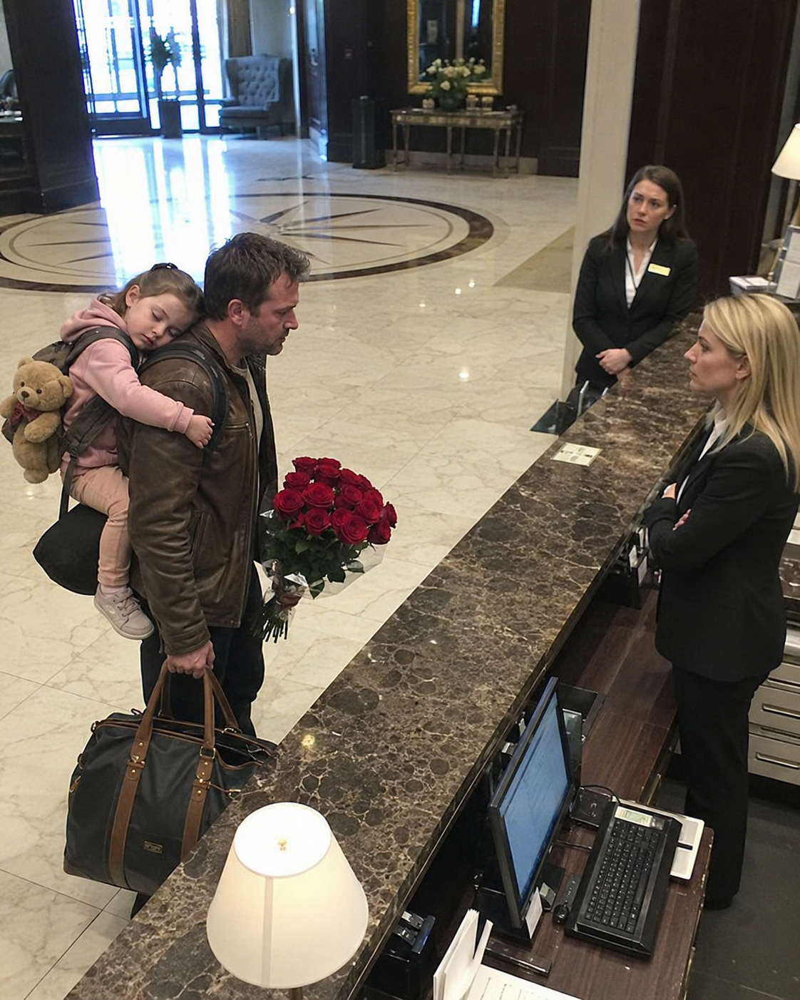 A widowed father was turned away at his own hotel with his sleeping daughter in his arms… but by the time the staff realized who he truly was, it was already too late.