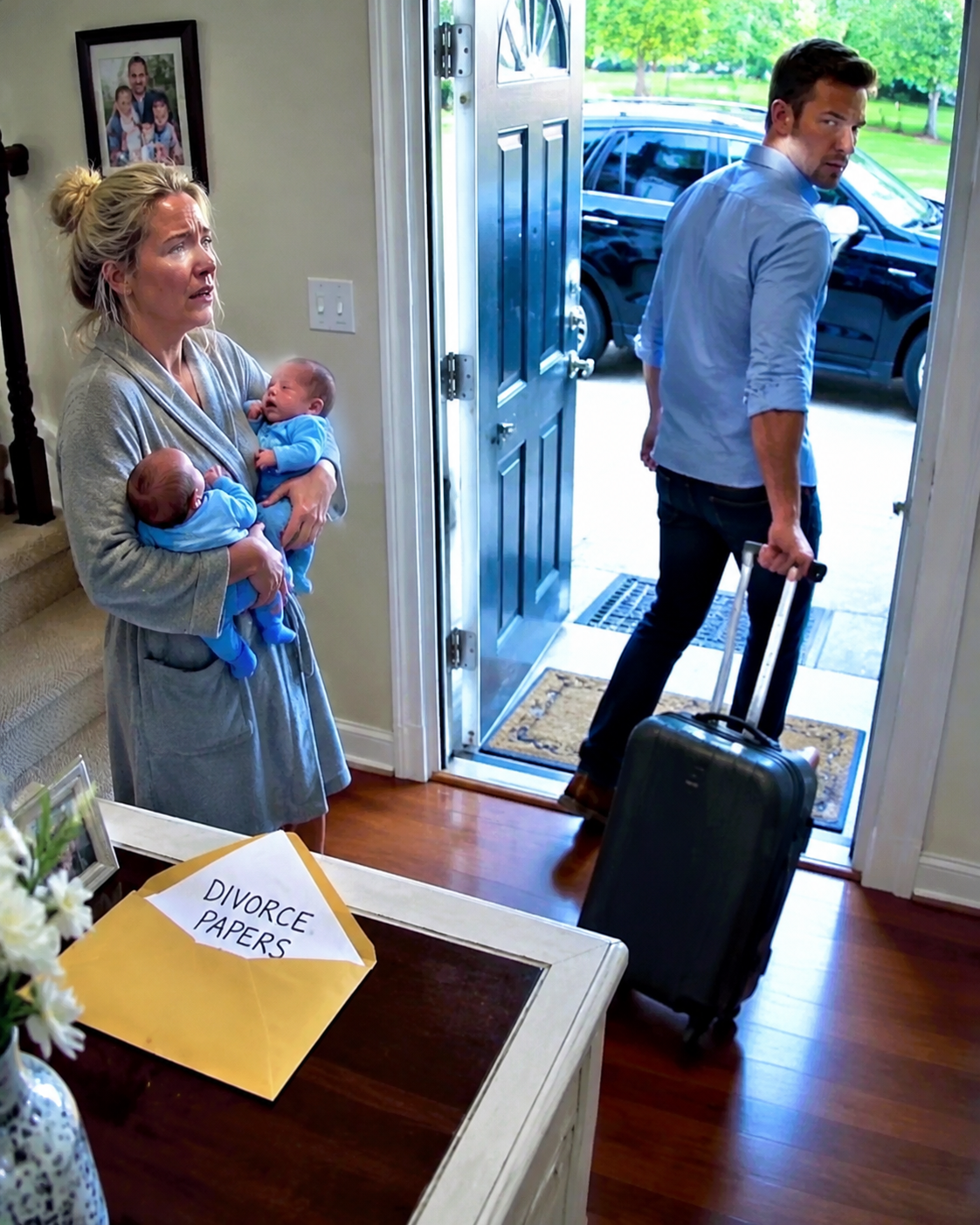 “THE MORNING RYAN ABANDONED ME, HE DIDN’T SLAM A DOOR OR SHOUT A FINAL INSULT. HE SIMPLY ZIPPED HIS SUITCASE, KISSED MY CHEEK LIKE I WAS A NEIGHBOR, AND LEFT ME STANDING IN THE RAIN WITH NEWBORN TWINS AT MY FEET.