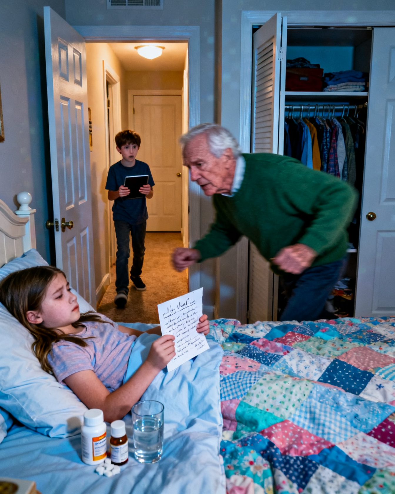At exactly 1:58 a.m., my adopted 8-year-old granddaughter whispered that she felt burning hot, and when I raced to my son’s house, I found her drugged on the hallway floor and her brother locked in a closet with a dead tablet—then his recording, the fake placement papers, the note on the counter, and my late wife’s protected trust exposed why their parents had left both children behind and pretended it was discipline.