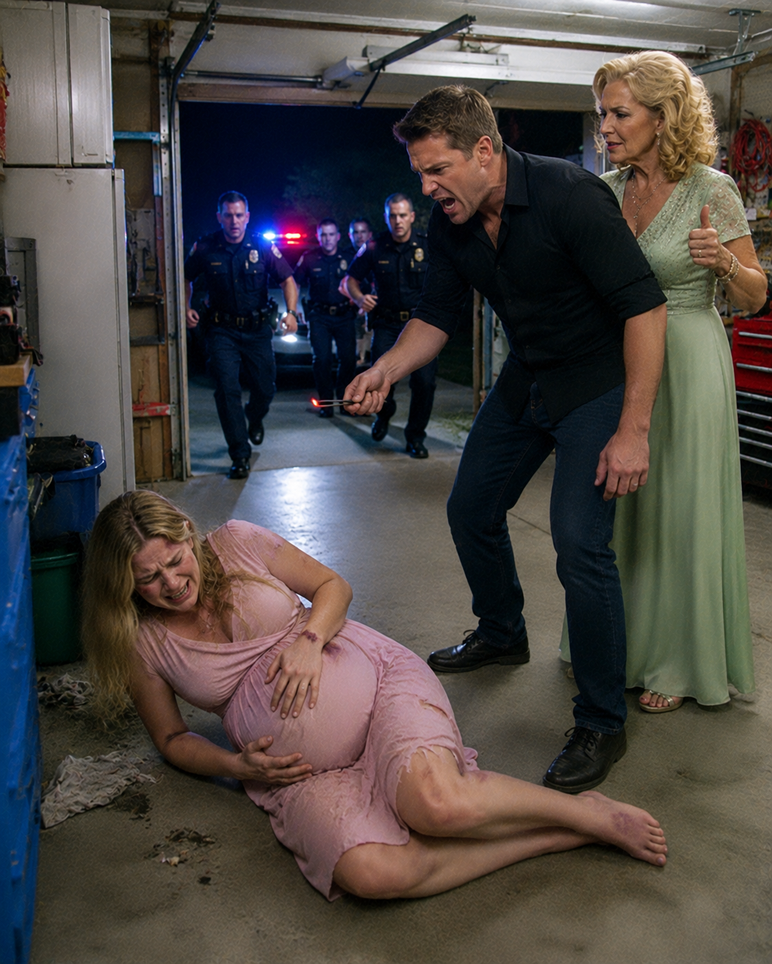 My husband tried to destroy me and my unborn child inside our own home, while his mother stood beside him encouraging him because they wanted my house, my money, and my life insurance. They thought they had already won—until a neighbor’s hidden recording exposed the horrifying truth and brought the police to our garage door.