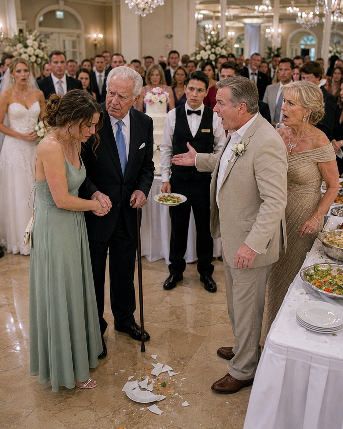 At my sister’s luxury wedding, my stepfather pointed at me in front of 200 guests and told the waiter, “Do not serve her. She is not family. She came for a free meal.” I was about to run out crying… until a white-haired gentleman took my hand and whispered, “Let them look. They’re about to learn who you really are.”