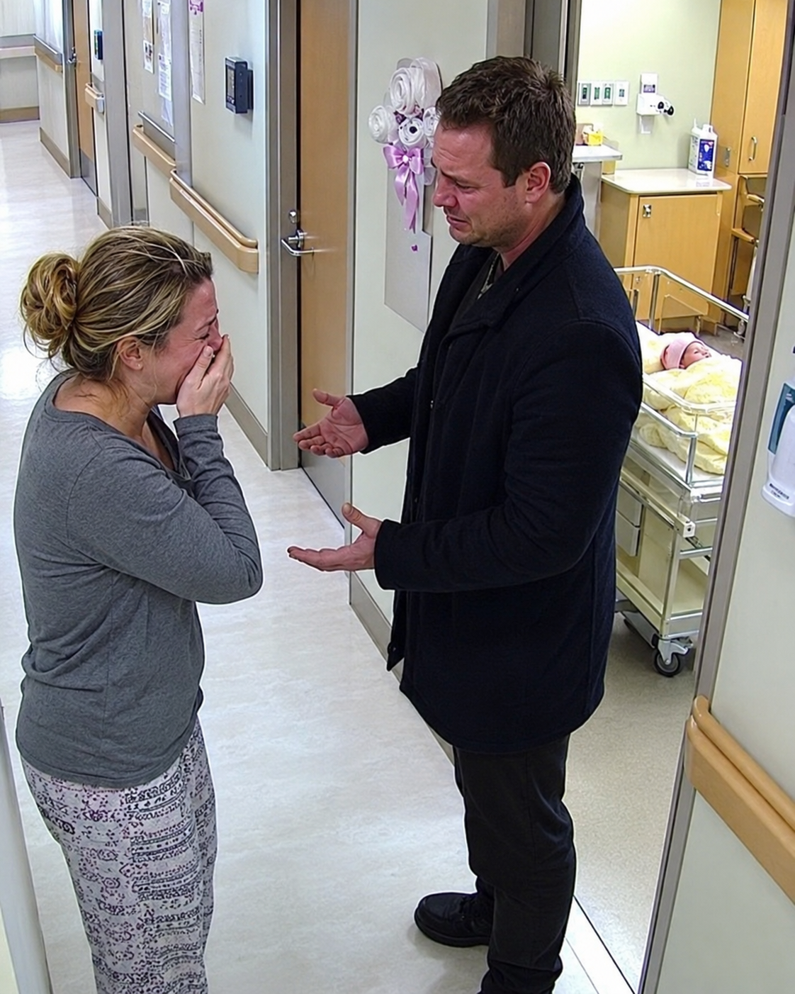 We already had 3 boys and gave up on our dream of a daughter; then my husband called me to the hospital holding a newborn girl — when he whispered his confession, I broke down in the hallway