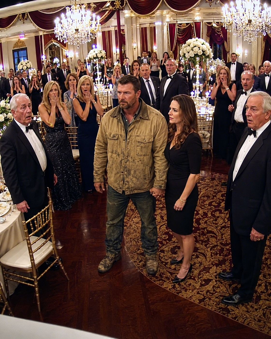 I never told my family that my “farmhand” husband was actually the billionaire investor they were desperate to impress. At my sister’s wedding, my mother seated me near the trash in the rain and said, “We’ll bring you leftovers.” My sister called me an embarrassment and poured wine down my dress. They all laughed—until my husband walked into the ballroom. In that instant, their perfect world cracked and every smile vanished