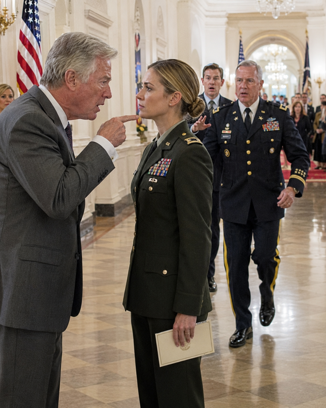 My millionaire father leaned close at a White House reception and warned, “Don’t embarrass me,” as if my Army uniform were a family disgrace. I said nothing, handed the staffer my invitation, and watched her hurry toward a two-star general—then he crossed the room, looked past my father, and called for Major Bryant.