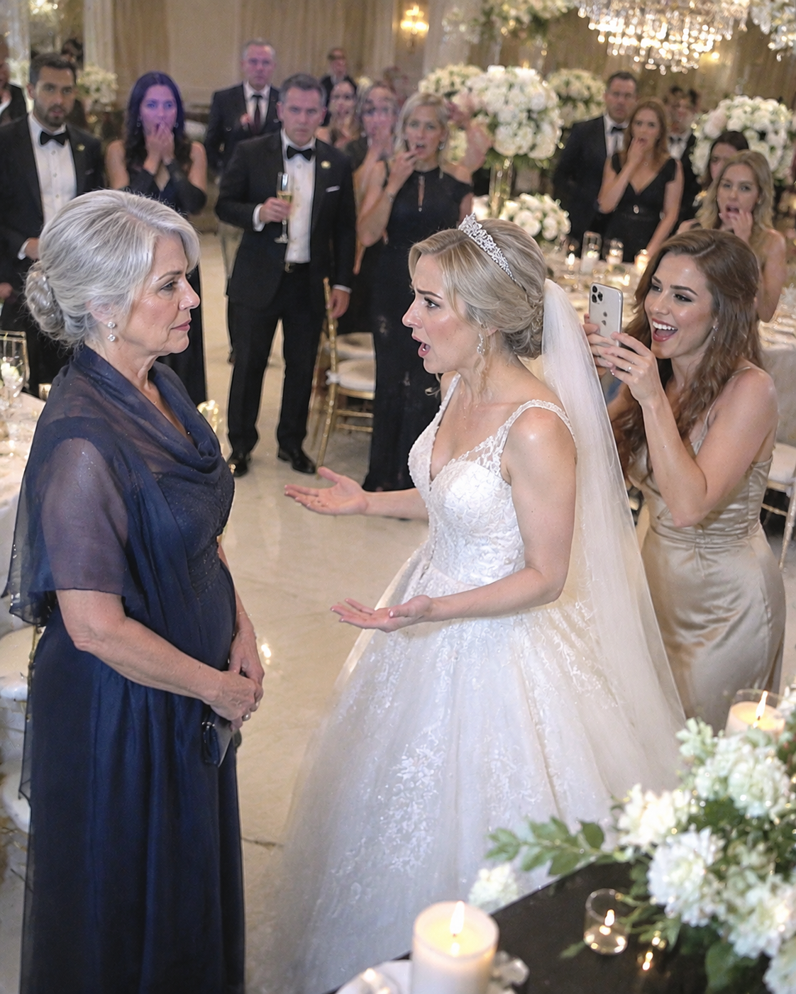 On our wedding day, i walked into the bathroom and found my wife standing silently in front of the mirror, her beautiful silver hair gone—while my daughter-in-law filmed it all, laughing and calling it “just a joke.” i said nothing at first… but when the consequences finally arrived, she couldn’t stop shaking..