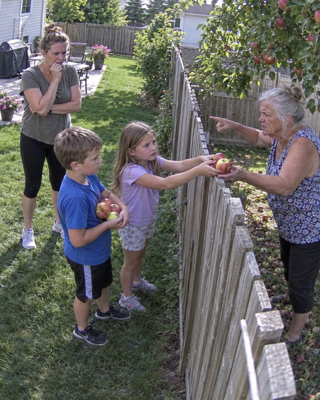 My Neighbor Made My Kids Hand Over Every Single Apple That Fell Into Our Yard, and When My Husband Saw the Photos I Took, He Smiled Quietly and Said, “Let Me Handle This,” and What He Did Next Left the Whole Street Speechless