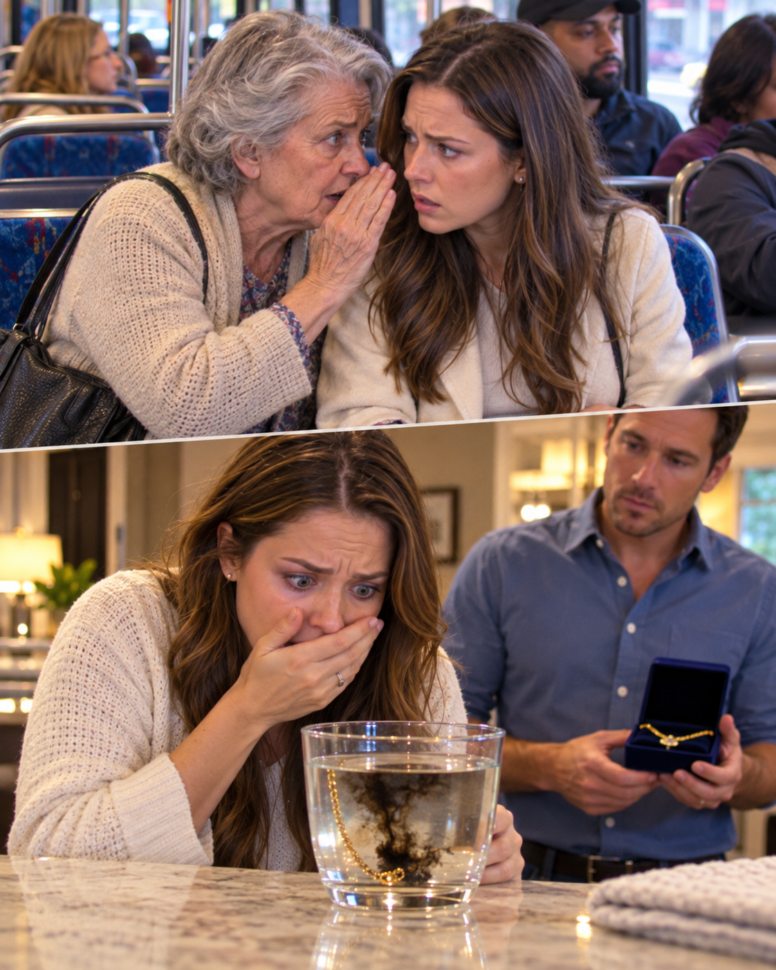 I gave my seat to an elderly woman on the bus, and before she got off, she whispered, “When your husband gives you a necklace, put it in water, and whatever you do, don’t wear it.”